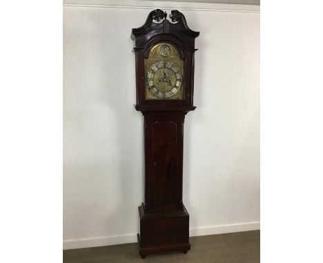 MAHOGANY LONGCASE CLOCK, M Wylie, Paisley, with brass face212cm high