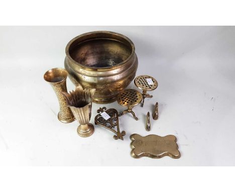PAIR OF MINIATURE BRASS TRIPOD TABLES, AND OTHER ITEMS  including a group of brassware including preserve pan and vases 9.5cm