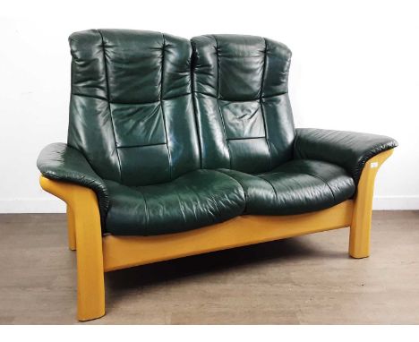 EKORNESS GREEN LEATHER THREE PIECE SUITE, comprising a two seat sofa, swivel reclining chair and matching stoolsofa 102cm hig