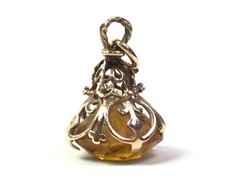 CITRINE POCKET WATCH / CHATELAINE FOB, IN NINE CARAT GOLD set with a faceted citrine in four claw mount, marked for nine cara