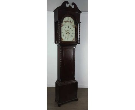 SCOTTISH LONGCASE CLOCK, J Scott of Paisley, with swan neck pediment over a circular dial with Roman numerals, flanked by two