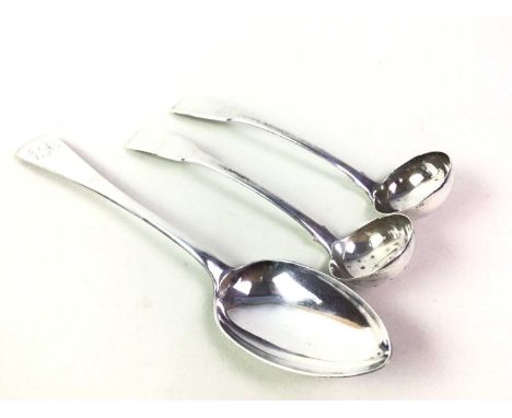 SILVER LADLE, AND SILVER SIFTER  each with Glasgow marks, along with two canteens of plated cutlery and a plated table spoonQ