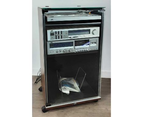 JVC STEREO SYSTEM IN CABINET, WITH SPEAKERS with JVC LA100 turntable, RK11L stereo recorder, KD V11 stereo cassette deck