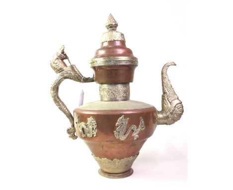 TIBETAN COPPER COFFEE POT, AND OTHER ITEMS  the body with applied dragons, raised on a circular foot, along with a jade puzzl