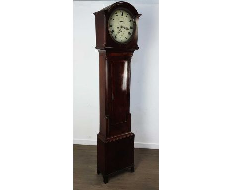 GEORGE IV INLAID MAHOGANY LONGCASE CLOCK, EARLY 19TH CENTURY the arched hood door enclosing a painted circular dial inscribed