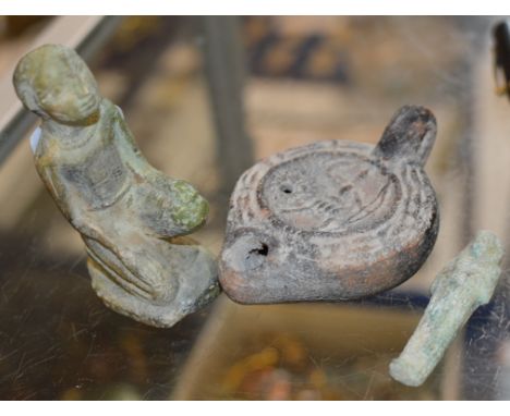 OLD OIL LAMP &amp; 2 OLD EGYPTIAN STYLE RELICS     