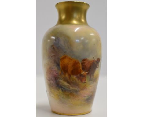 A FINE 6" ROYAL WORCESTER PORCELAIN HAND PAINTED VASE DECORATED WITH HIGHLAND CATTLE &amp; SIGNED H. STINTON     