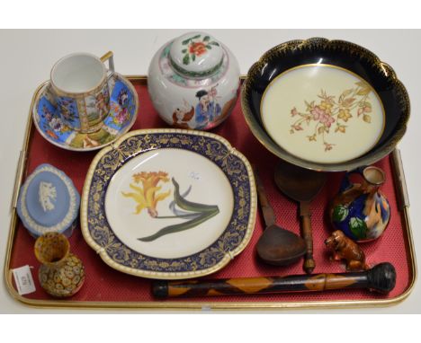 TRAY CONTAINING GENERAL CERAMICS, CHINESE LIDDED JAR, SPODE PLATES, DRESDEN DISH, VIENNA STYLE MUG ETC     