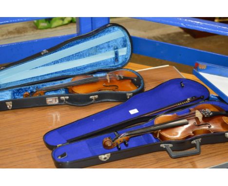 2 VIOLINS WITH 1 BOW &amp; CASES     