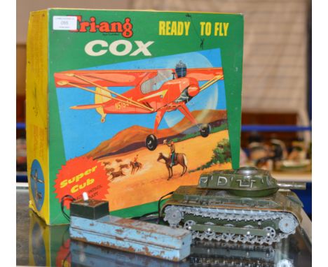 VINTAGE BOXED TRIANG COX PLANE WITH PETROL ENGINE &amp; VINTAGE JAPANESE TIN PLATE TOY TANK     