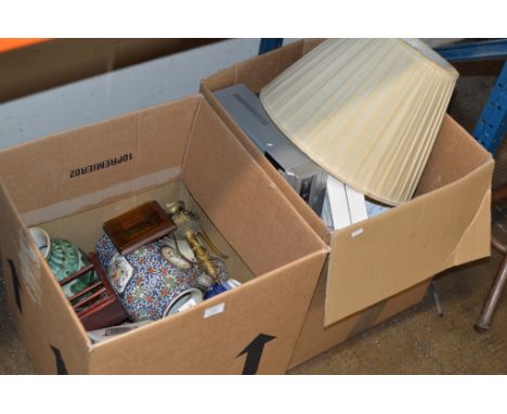 2 BOXES WITH LAMP SHAPE, DVD PLAYER, CABLES &amp; PLUG BARS, KETTLE, VASES &amp; GENERAL BRIC-A-BRAC     