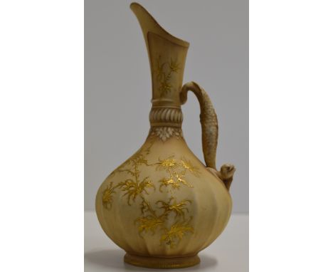 11½" DECORATIVE POTTERY JUG WITH LIZARD HANDLE IN THE STYLE OF ROYAL WORCESTER     