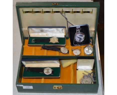 JEWELLERY BOX WITH VARIOUS VINTAGE WRIST WATCHES, POCKET WATCHES ETC     