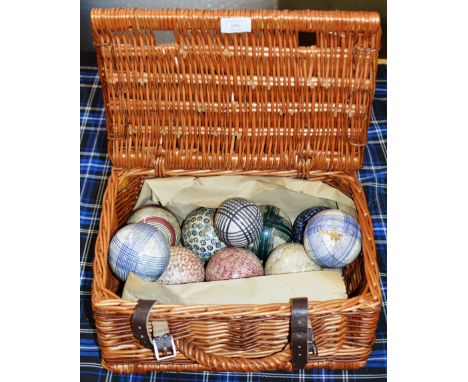 A VINTAGE FORTNUM &amp; MASON WICKER BASKET WITH A COLLECTION OF OLD SCOTTISH POTTERY BOWLS     