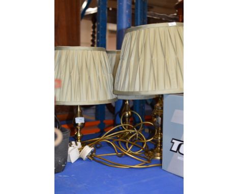 3 MATCHED BRASS FINISHED TABLE LAMPS WITH SHADES     