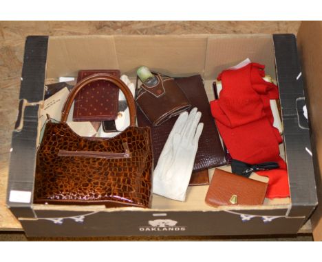 BOX CONTAINING VARIOUS LADIES HANDBAGS, GLOVES, HIP FLASK ETC     