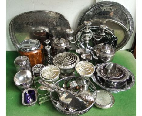 A collection of various silver plated items to include trays, teawares, biscuit barrel, various flatware and others