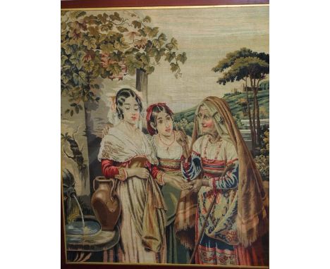 A large 19th century gross and petit point tapestry panel showing a palm reader with two young girls beside a well with dista