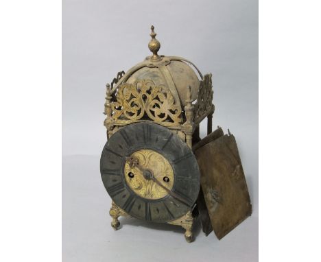 19th century brass double fusee lantern clock, with steel chapter ring inscribed A Rhurs, Ashford, 34cm high (af)