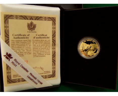 1996 Canadian $100 coin, 24ct - 58% fine gold/42% silver (7.775 grams gold) with case and certificate