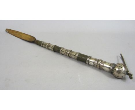 Interesting eastern white metal banded leather whip, indistinctly inscribed Mantebini?, 72cm long
