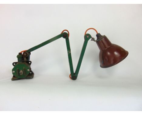 Vintage industrial machinist articulated wall lamp, with green enamel pait and brown shade, 66cm long (adjustable)
