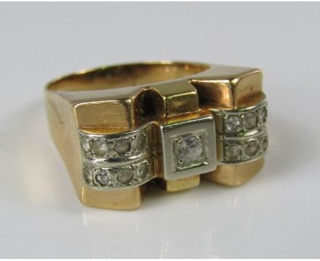 A substantial 1940s paste set cocktail ring, in unmarked 18ct gold, size R, 9.1g