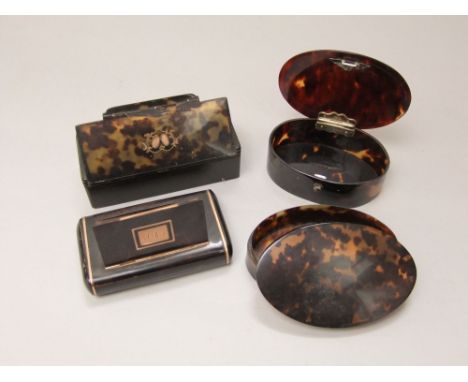 Georgian tortoiseshell and gold inlaid pocket snuff box, together with three other tortoiseshell boxes (4)