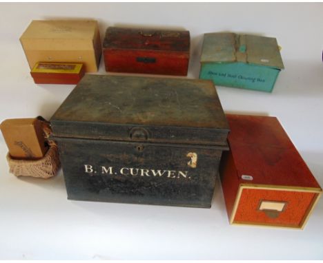 A mixed collection of various boxes to include a leather applied dome topped casket with diaper effect detail, a shoe and boo