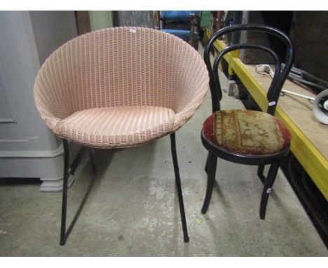 A vintage Lloyd Loom lusty chair with pink colourway and tubular steel supports, together with a further vintage Bentwood chi