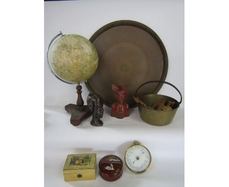 A mixed miscellaneous lot to include a globe on a stand, a collection of tribal type foreign items, a wall barometer and othe