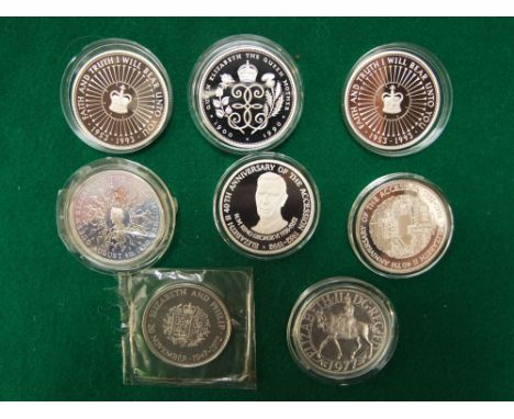 Royal Mint proof coinage - three silver £5 coins together with five silver crowns