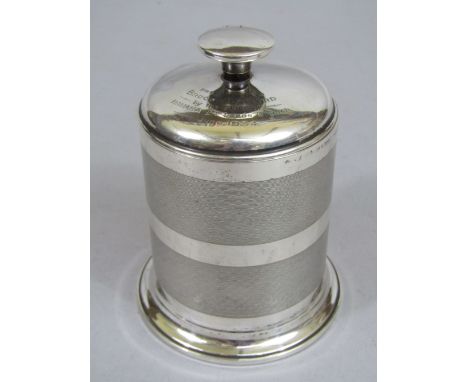 A 1930s engine turned silver cigarette dispenser, maker marks worn, Birmingham 1931, 12cm high