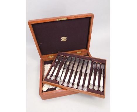 Golden oak three tier canteen of silver plated and mother of pearl flatware