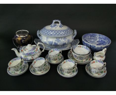 A collection of 19th century tea wares with printed and infilled chinoiserie detail including teapot, sugar bowl, slop bowl, 