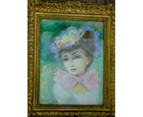 A Reverberi (Paris School) - shoulder length portrait of a lady, signed, oil on board, Alexander Gallery label verso, inscrib