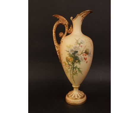 A late 19th century Royal Worcester blush ivory ewer, RD number 372301, hand painted with dandelions and other meadow flowers