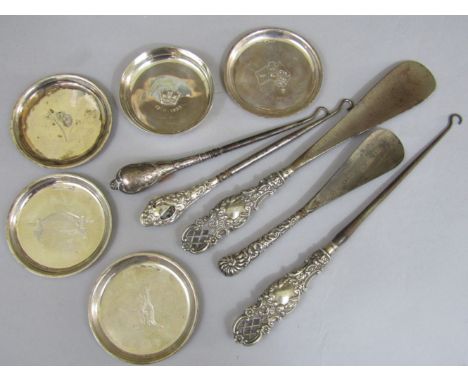 1930s silver coronation dish together with four Australian silver pin trays and five silver handled boot tools (10)