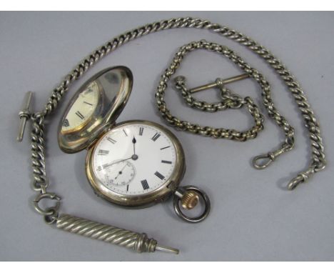 19th century silver Hunter pocket watch, with enamel dial, Roman numerals and subsidiary second dial; together with two furth