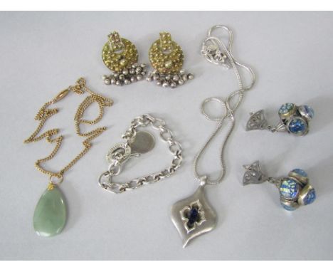 A jade type pendant on yellow metal chain, together with a quantity of white metal jewellery comprising a Links of London bra