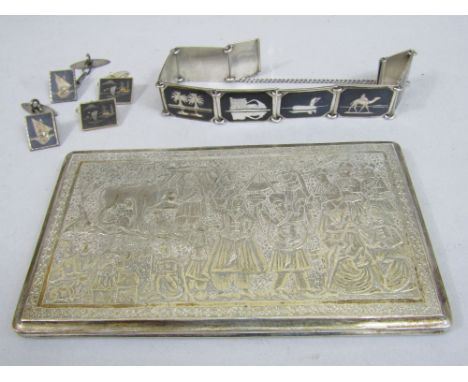 Persian/eastern silver card case engraved with a communal scene, 14cm long, 6oz approx; together with further silver and enam