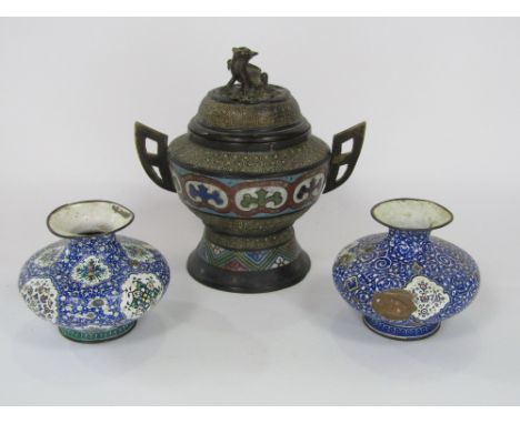 Interesting Chinese/Japanese lidded brass or bronze Koro, mounted by a dog of fo, with Champleve enamel bands, 20cm high; tog