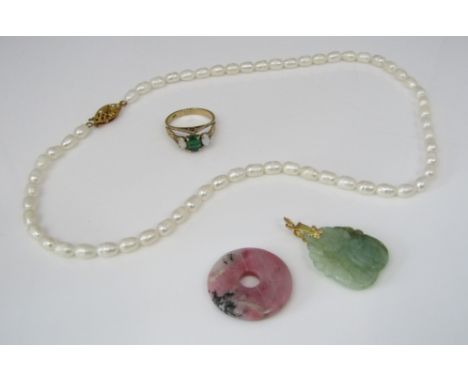 A 9ct green spinel and opal ring with raised gallery, size L, together with a cultured pearl necklace and two hardstone penda