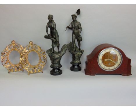A mixed lot to include a pair of French spelter figures of a workman and his partner; together with a further pair of rococo 