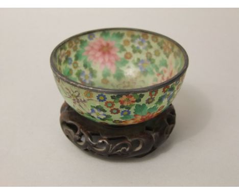 Plique-a-Jour, enamel and silver mounted Japanese bowl (Meijing period) detailed with chrysanthemums and other exotic flower,