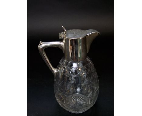 French silver plated Christofle ewer, the glass bowl etched with thistle pattern, 24cm high