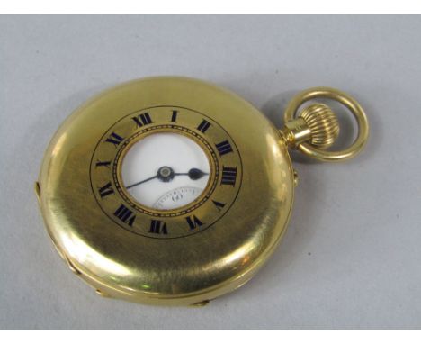 18ct half hunter pocket watch by John Durden of London, the enamel dial with Roman numerals and subsidiary second dial, the b