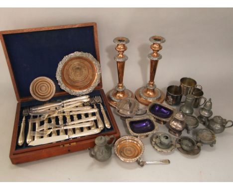 A box containing a collection of silver plated and pewter items to include a two tier canteen of cutlery, a silver plated win