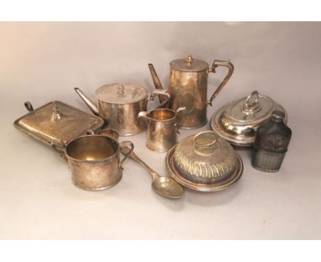 A mixed collection of silver plate to include a four piece oval cylinder tea service, muffin dishes, a leather wrapped and si