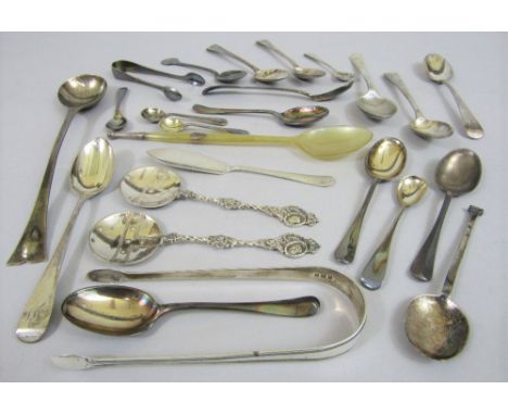Mixed collection of various silver spoons and flatware to include rat tailed teaspoons, sugar tongs, coronation spoons and ot